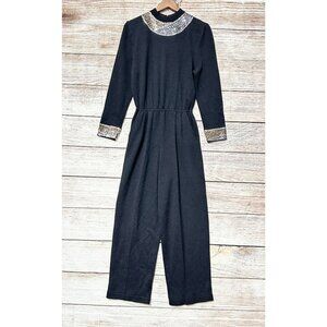 St. John Evening Black Knit Jumpsuit Womens Beaded Neckline Long Sleeve Size 6